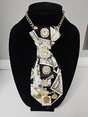 Dollar Print Silk Necktie Pendant Necklace - Black/White with Gold Accents